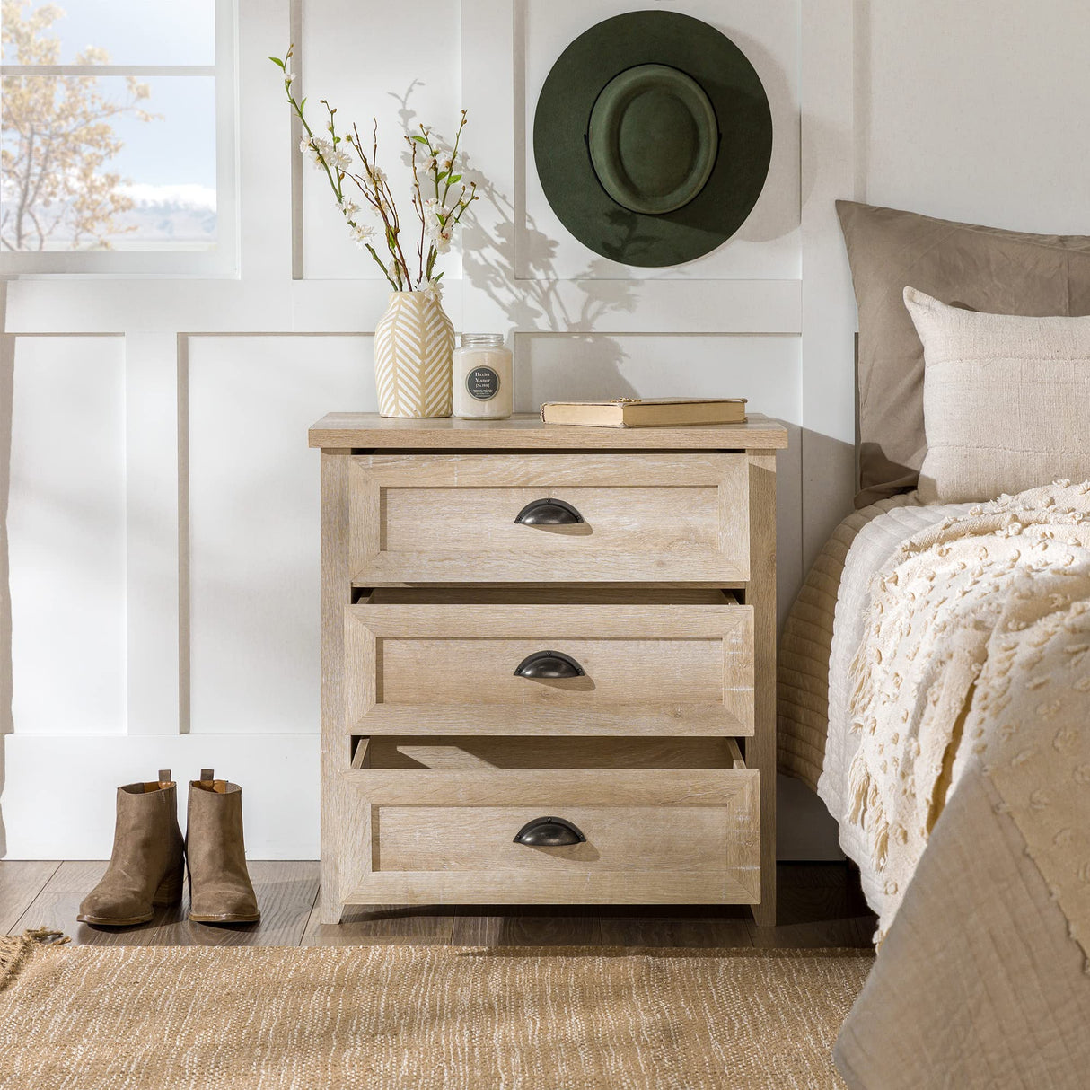 Hazel Modern Farmhouse 3 Drawer Framed Nightstand with Half-Moon Handles, 25 Inch, White Oak