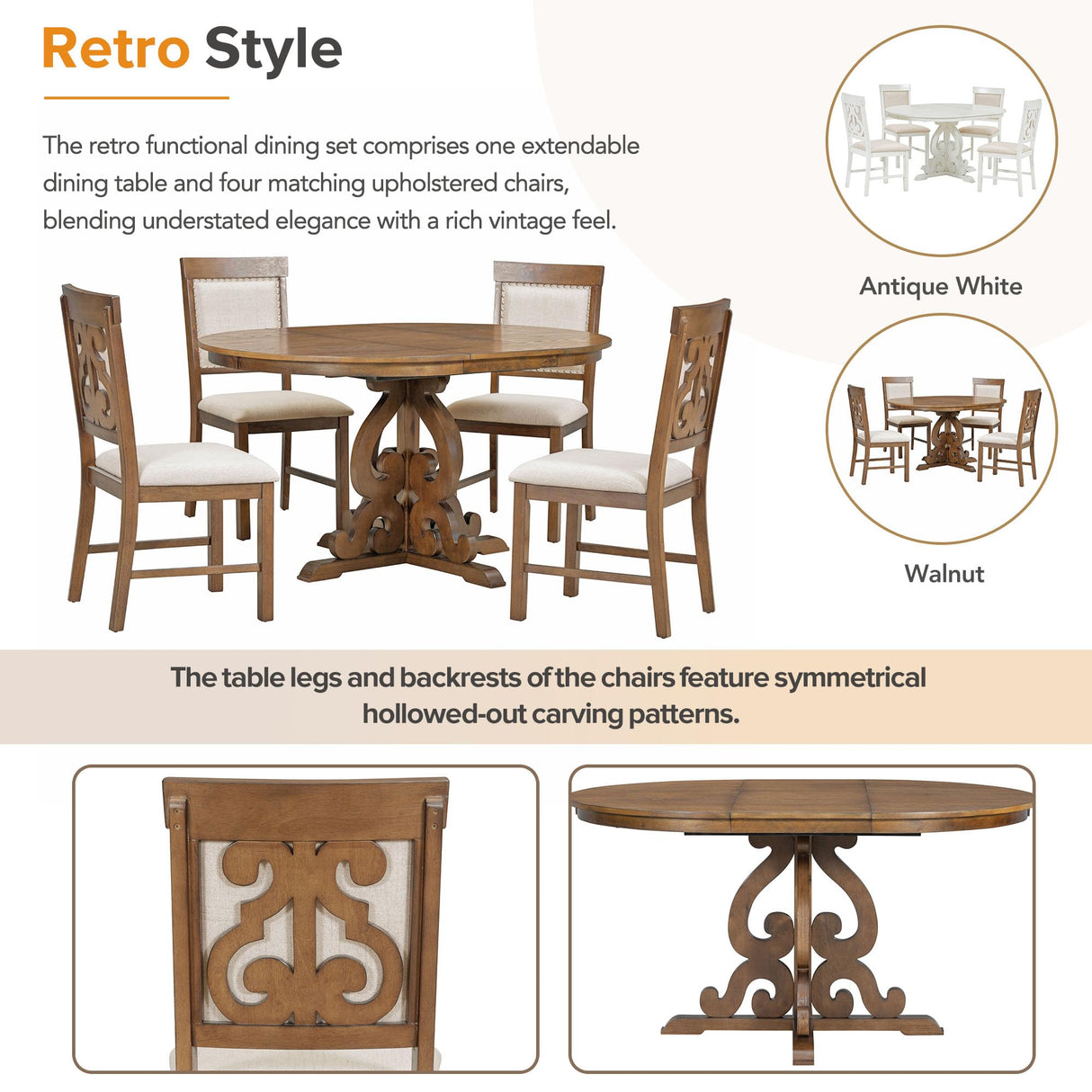 Round Solid Wood Dining Table Set for 4 - 5-Piece Farmhouse Kitchen Set