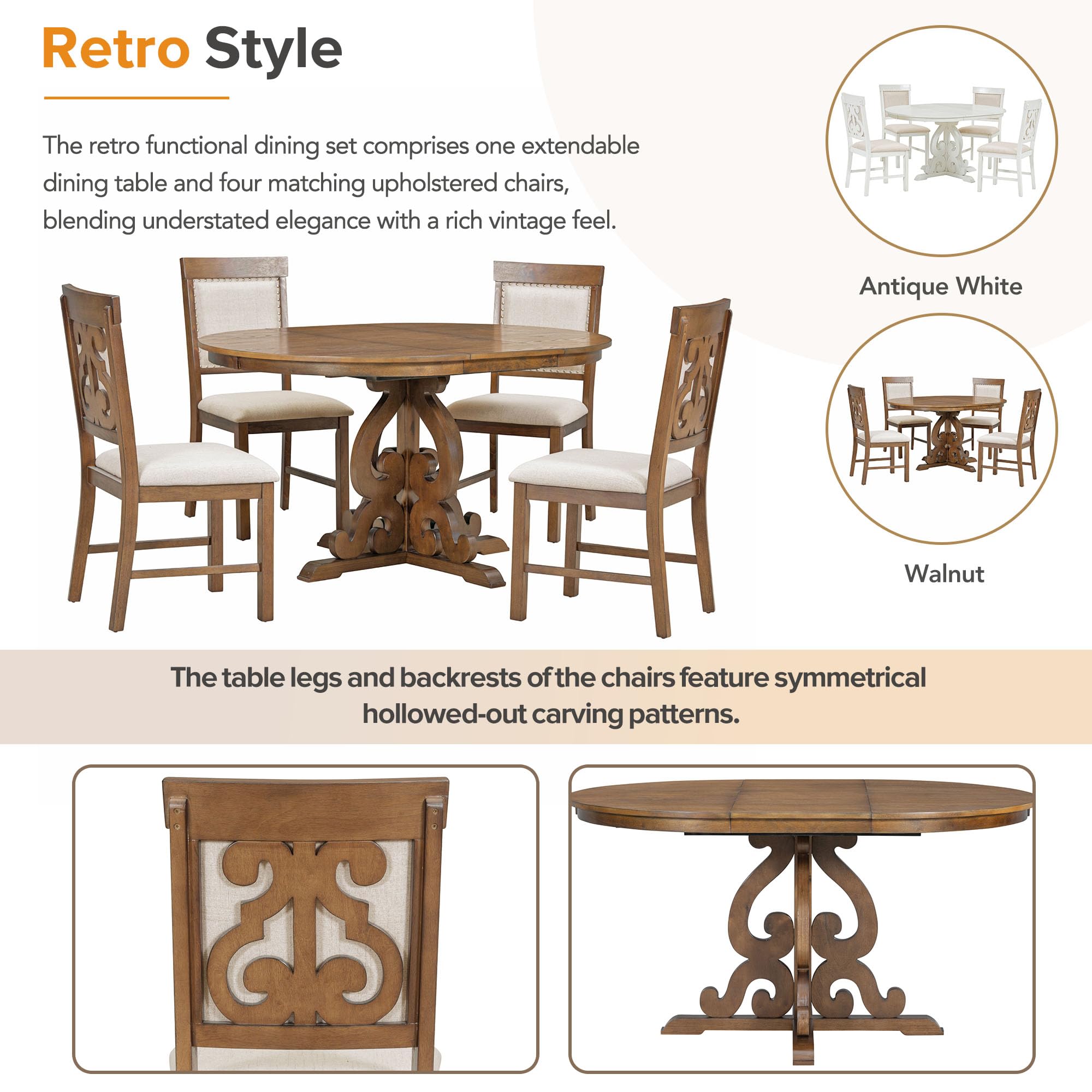 Round Solid Wood Dining Table Set for 4 - 5-Piece Farmhouse Kitchen Set