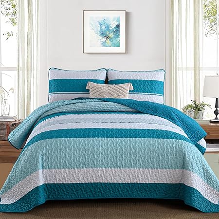 Striped King Size Quilt Set,Lightweight Grey Bedspreads Boho