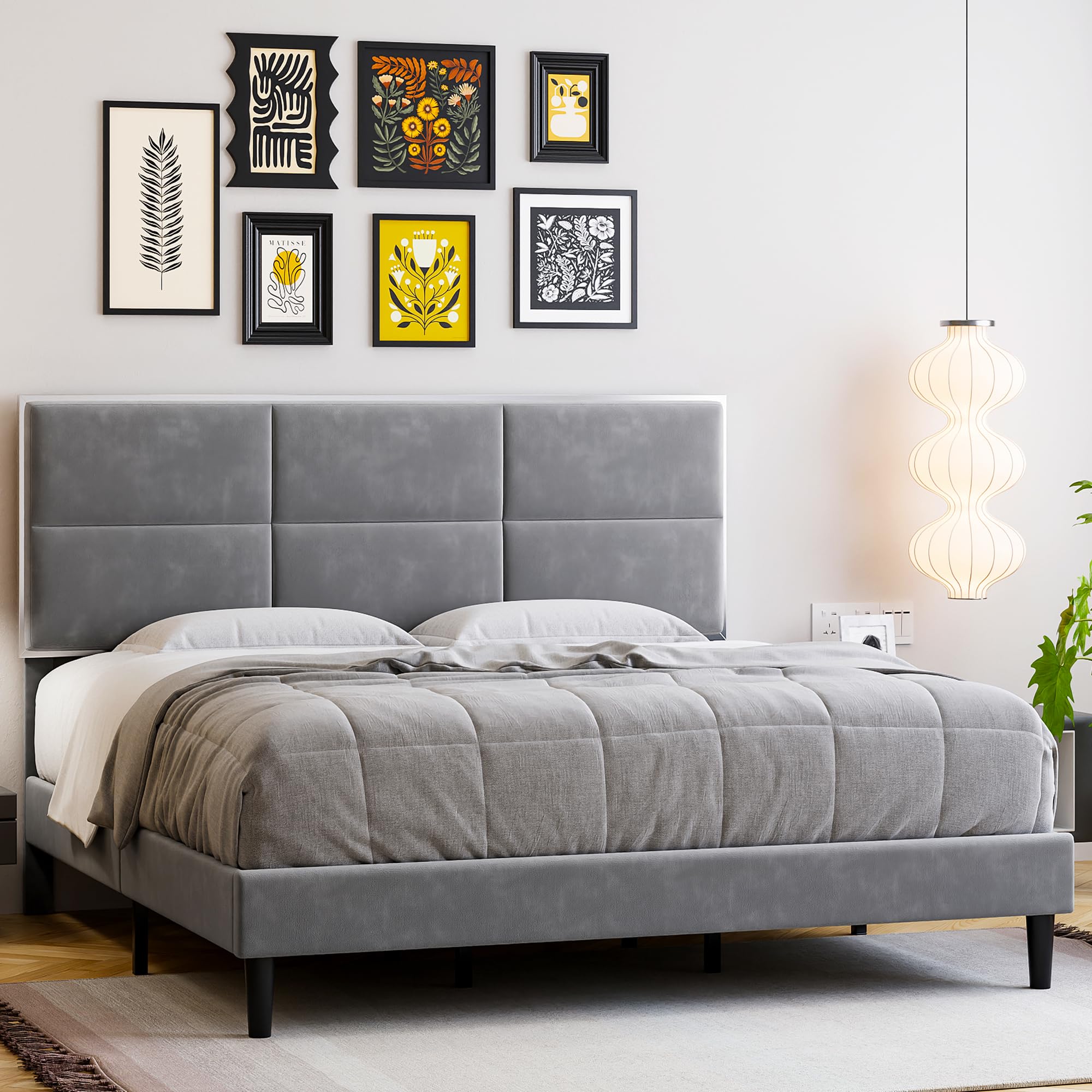 Queen Size Velvet Bed Frame with Headboard, Modern Upholstered Platform Bed,