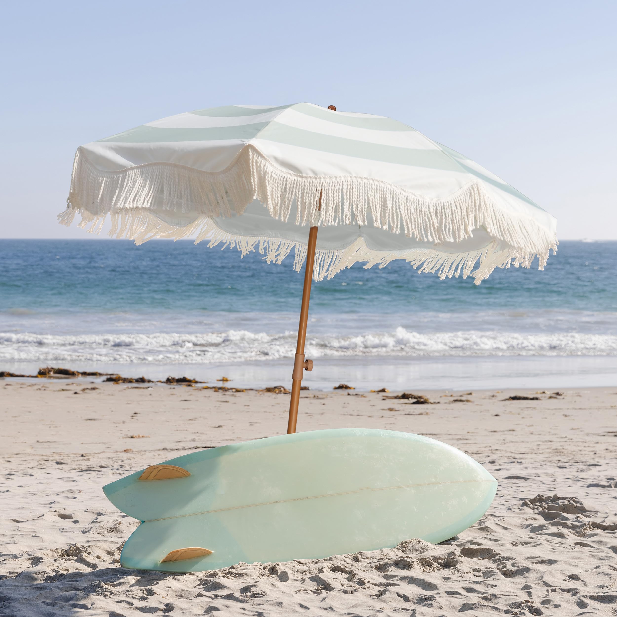 Boho Fringe Umbrella Outdoor Patio, 6.5ft UPF50+ Picnic Umbrella with Tassels