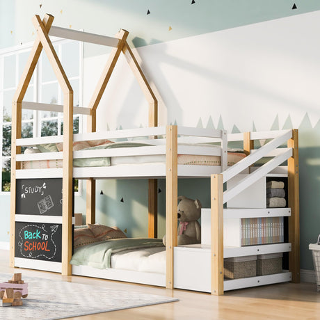 House Bunk Beds, Twin Over Twin Bunk Bed Wooden Floor Bunk Bed Frame for Kids,