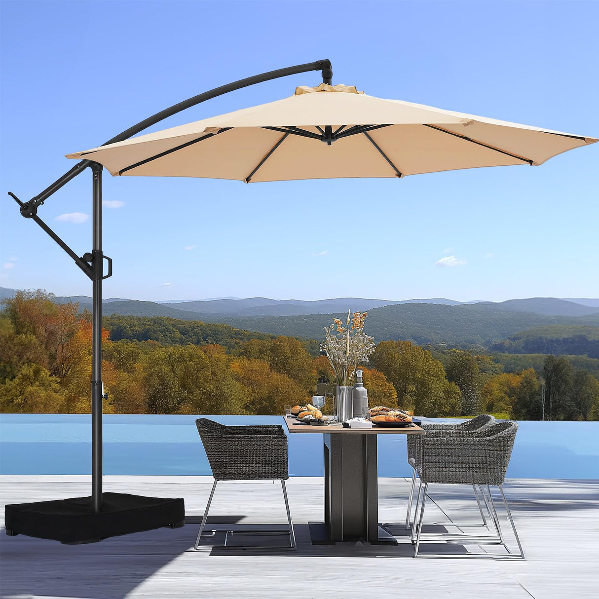 Offset Patio Umbrella - w/Base, Cantilever Offset Hanging Patio Outdoor Market Umbrella