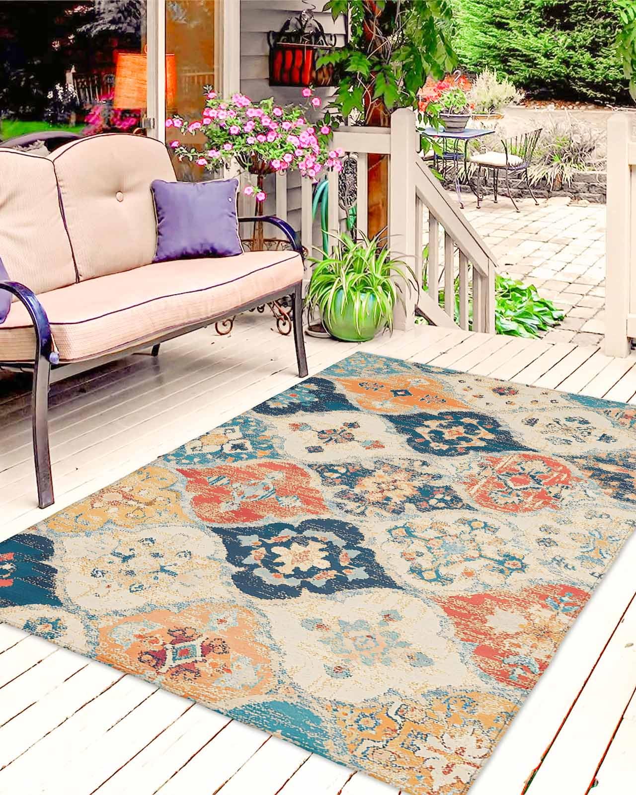 Outdoor Rug 5x8 ft Morocco Boho Outdoor Large Area Rug Non Slip Rubber Vintage Ethnic Bohemian Front Door Mat RV Rug
