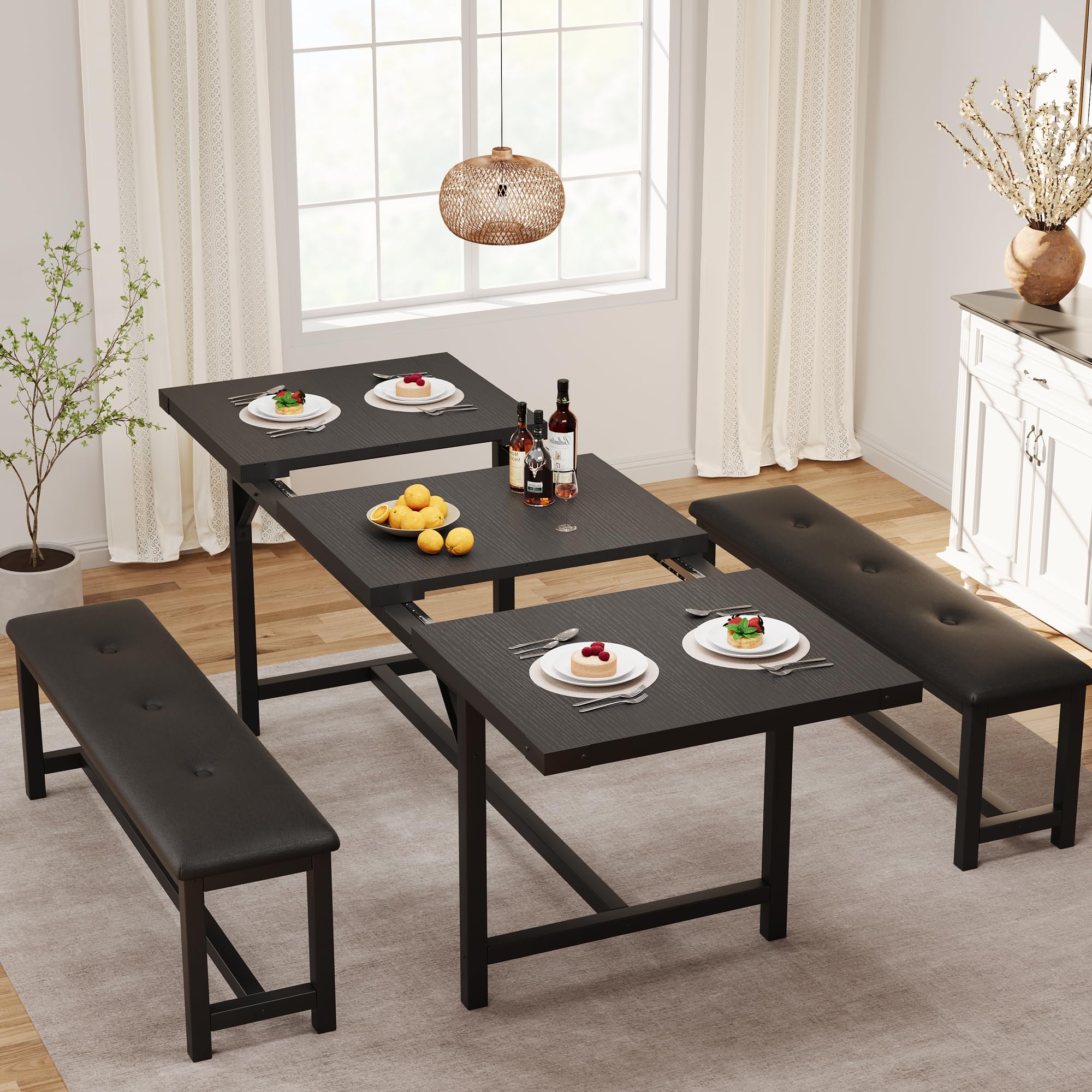 63" Extendable Dining Table Set with Upholstered Benches