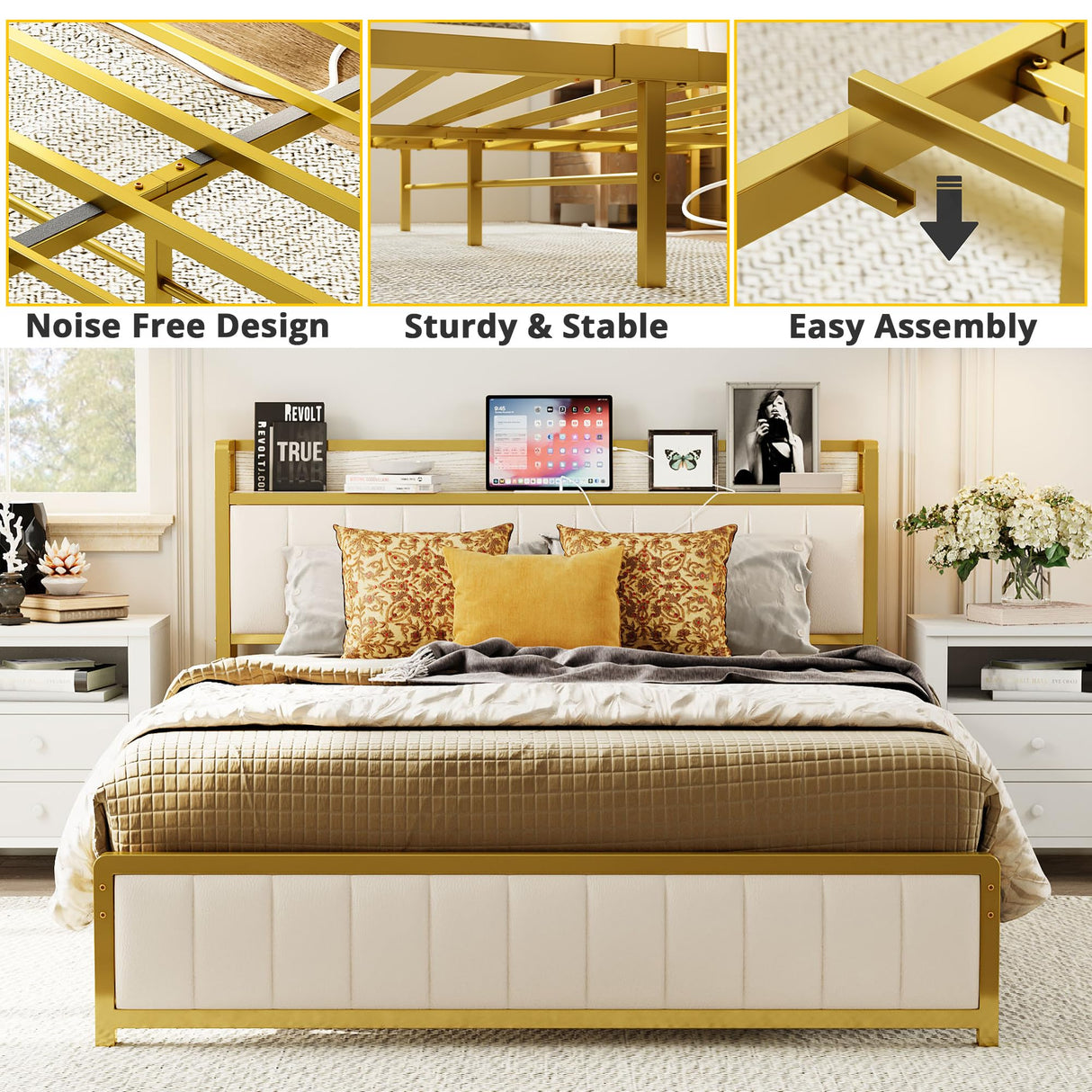 King Bed Frames, Storage Headboard with Charging Station, Solid and Stable, Noise Free,