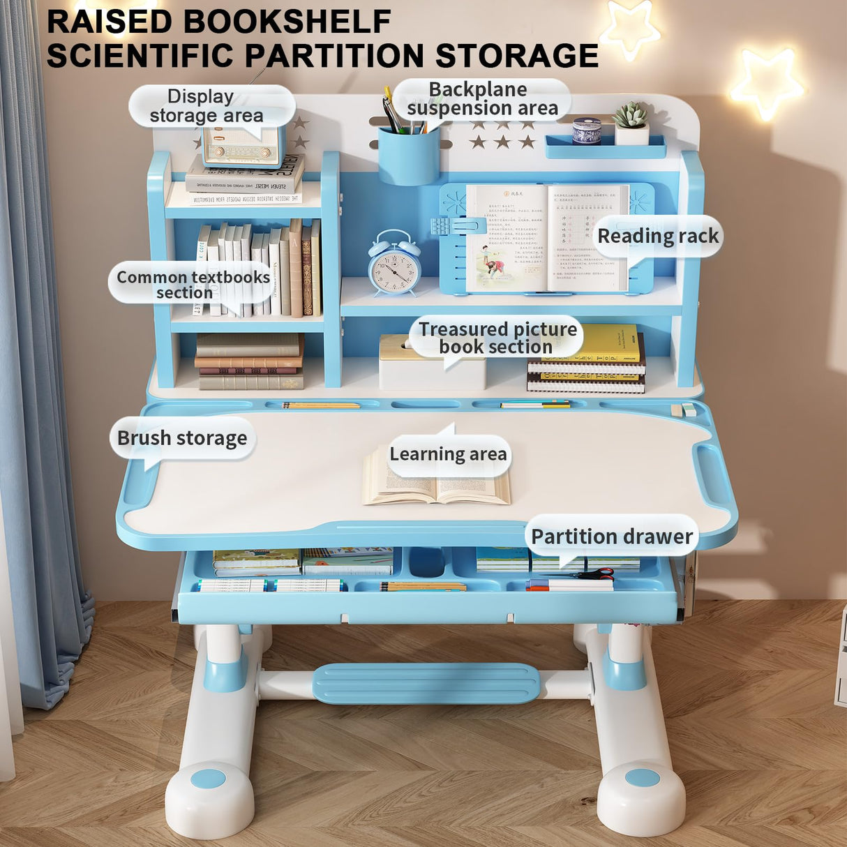 Functional Desk and Chair Set, Study Desk for Children with Chair, Kids Desk and Chair Set,Height Adjustable Children School Study Desk with Storage Drawer for Boys Girls (Blue E)