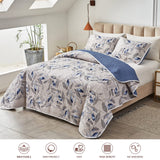 2 Pieces Microfiber Quilt Set, Botanical Blue Leaves on Light Gray Reversible)