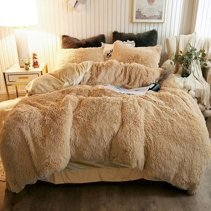 Plush Shaggy Duvet Cover Set, Luxury Ultra Soft Crystal Velvet Fluffy Bedding Sets 3 Pieces