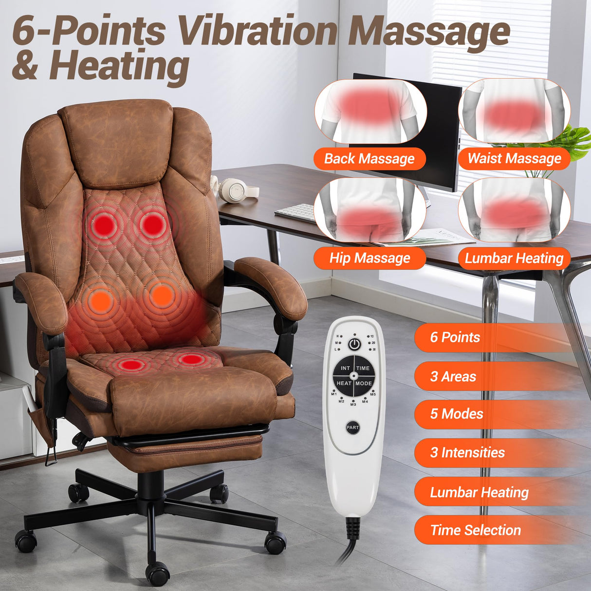 Massage Office Chair with Footrest - Ergonomic Executive Desk Chair with Heat & Vibration