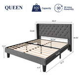 Queen Size Bed Frame with Button Tufted Wingback Headboard, Upholstered Platform