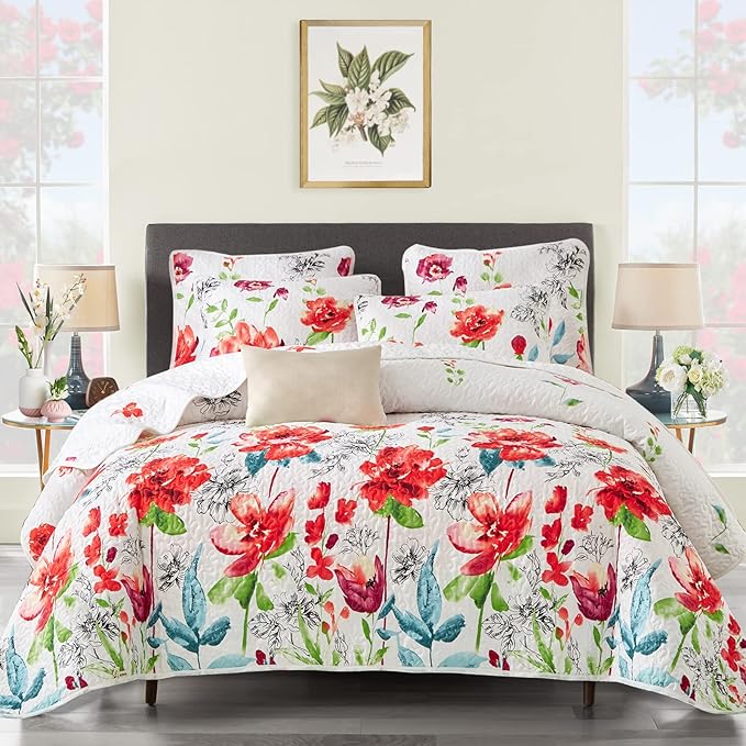 Set with Green Leaves Botanical Coverlet Bedspread