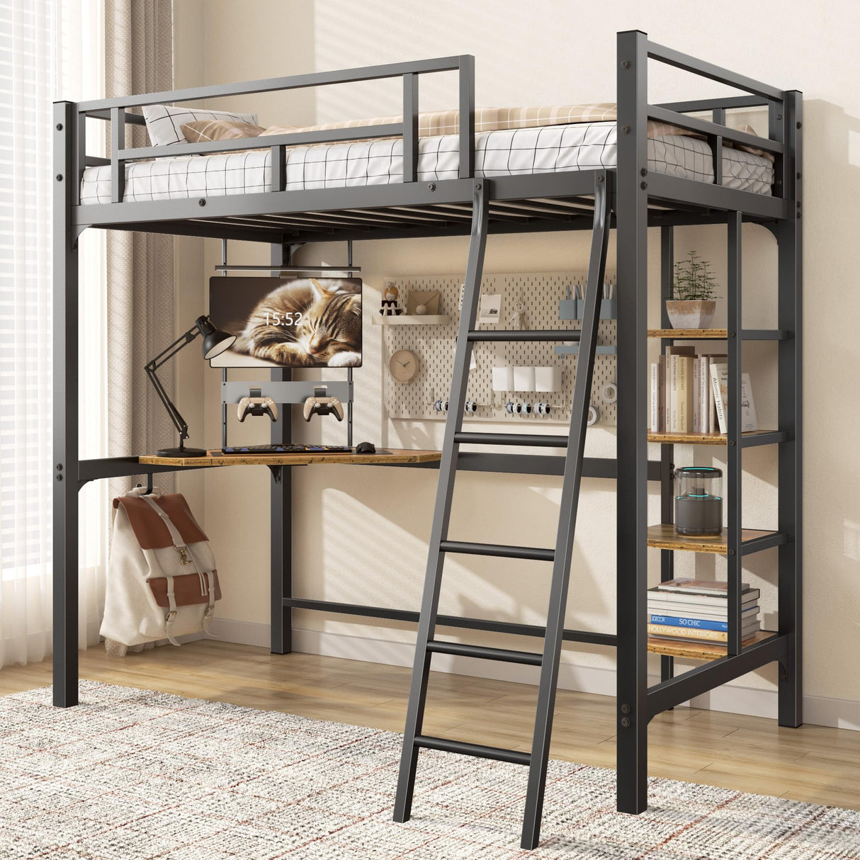 Loft Bed Twin Size, Bunk Bed with Desk, Shelves and Monitor Stand, Heavy Duty Metal Twin Loft Bed