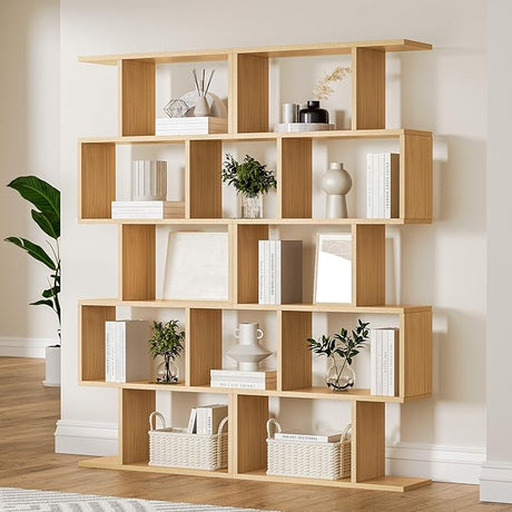 White 5-Tier Geometric Bookcase, S-Shaped Modern Bookshelf Set of 2, 62.6" Tall Room