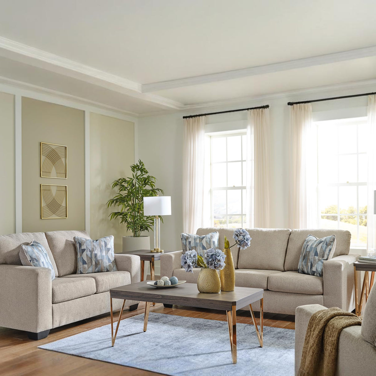 Signature Design by Ashley Deltona Contemporary 2-in-1 Sofa Sleeper with Folding Gel Memory Foam Mattress and 2 Accent Pillows, Queen, Beige