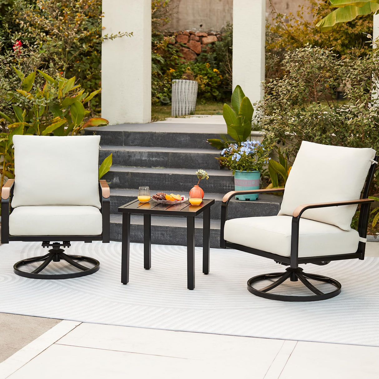 NATURAL EXPRESSIONS Outdoor Bistro Set, 3 Piece Swivel Glider Rocking Chairs Patio Conversation Furniture Set with 2 Rockers, 1 Metal Table and 6" Thick Cushions for Backyard, Porch, Balcony, 350lbs.