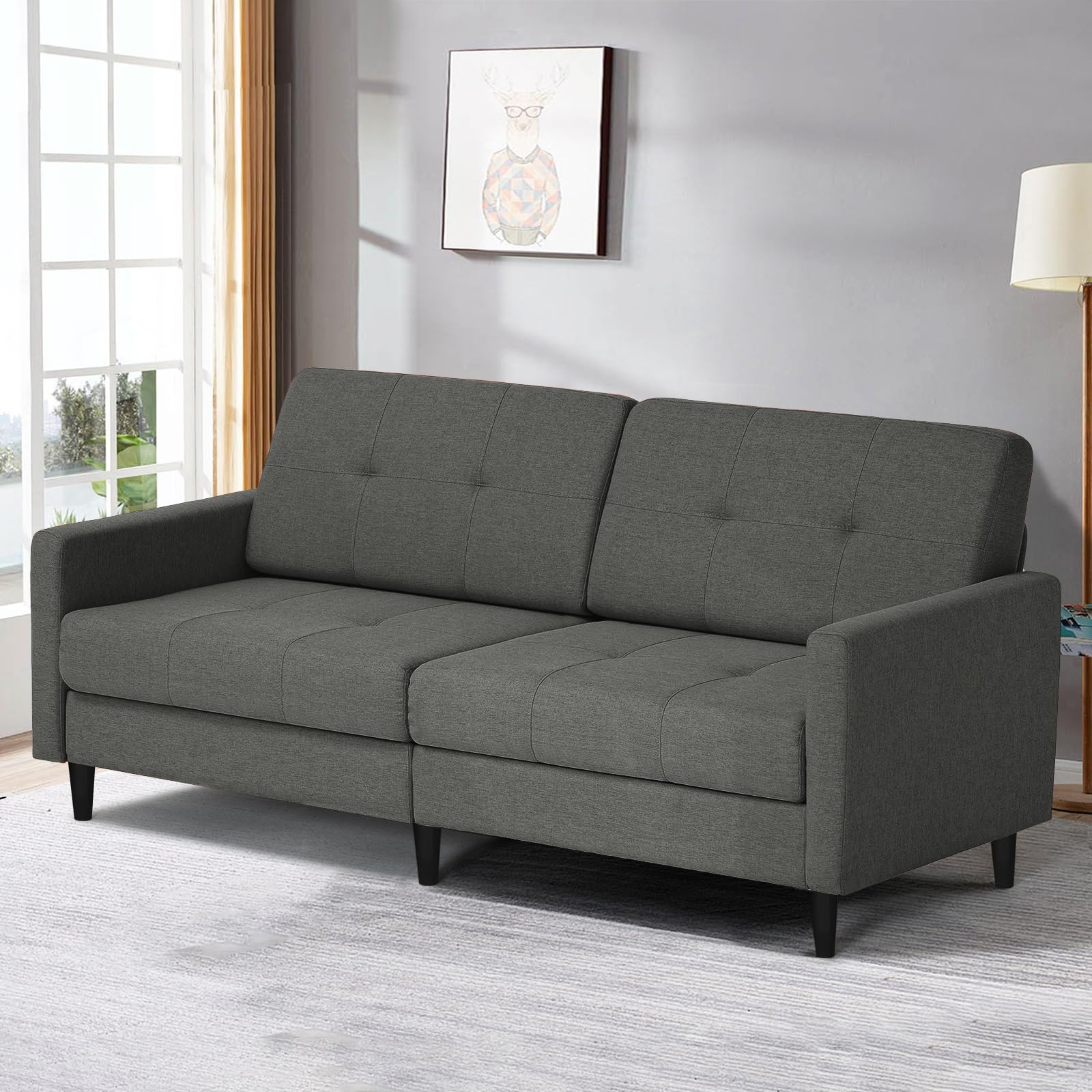 77” Linen Fabric Sofa Bed with Adjustable Backrests, Convertible Loveseat