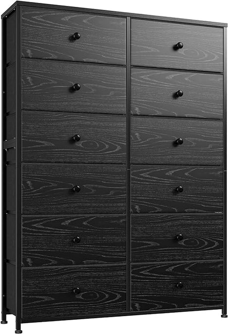 Dresser for Bedroom Tall Dresser with 12 Drawers Wooden Top and Metal Frame Black