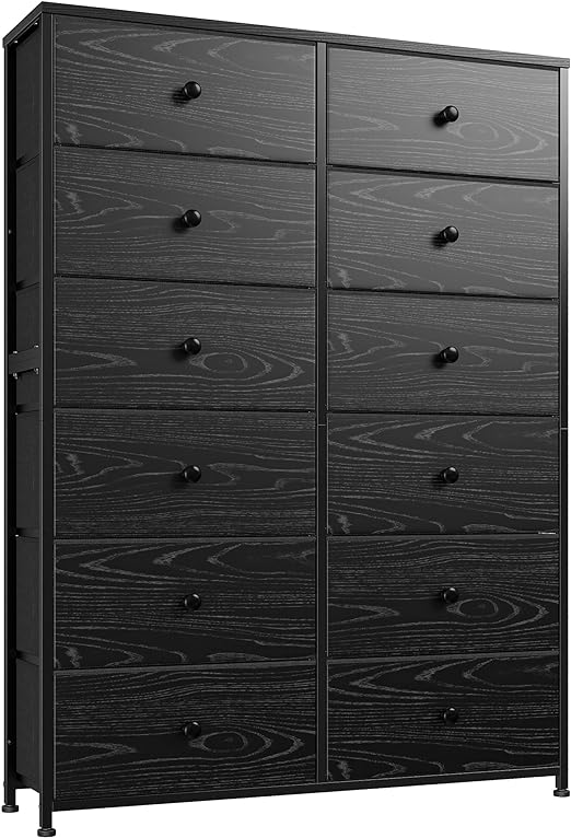 Dresser for Bedroom Tall Dresser with 12 Drawers Wooden Top and Metal Frame Black