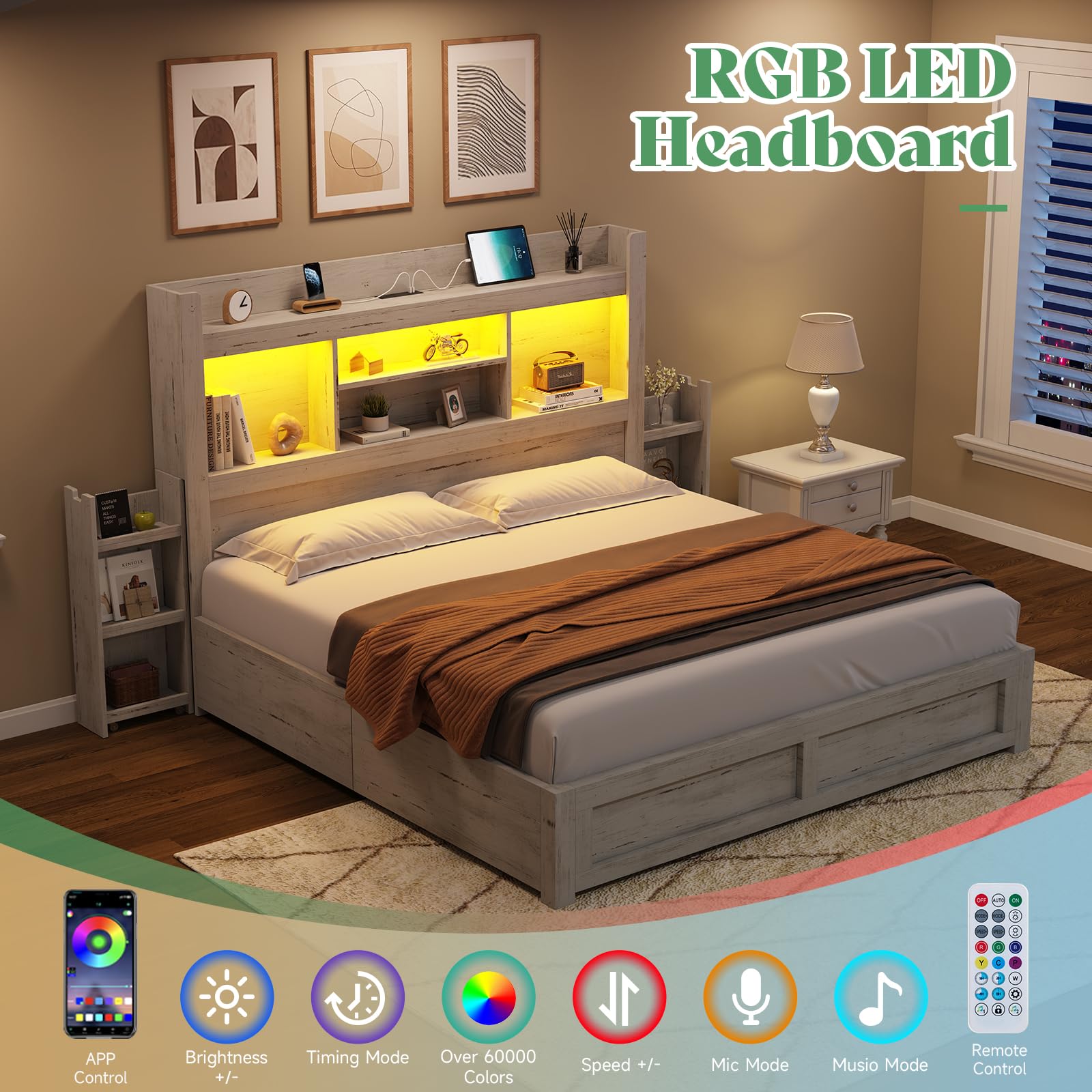 Queen Bed Frame with 4 Storage Drawer, LED Bed Frame with 49.6" Tall Bookcase