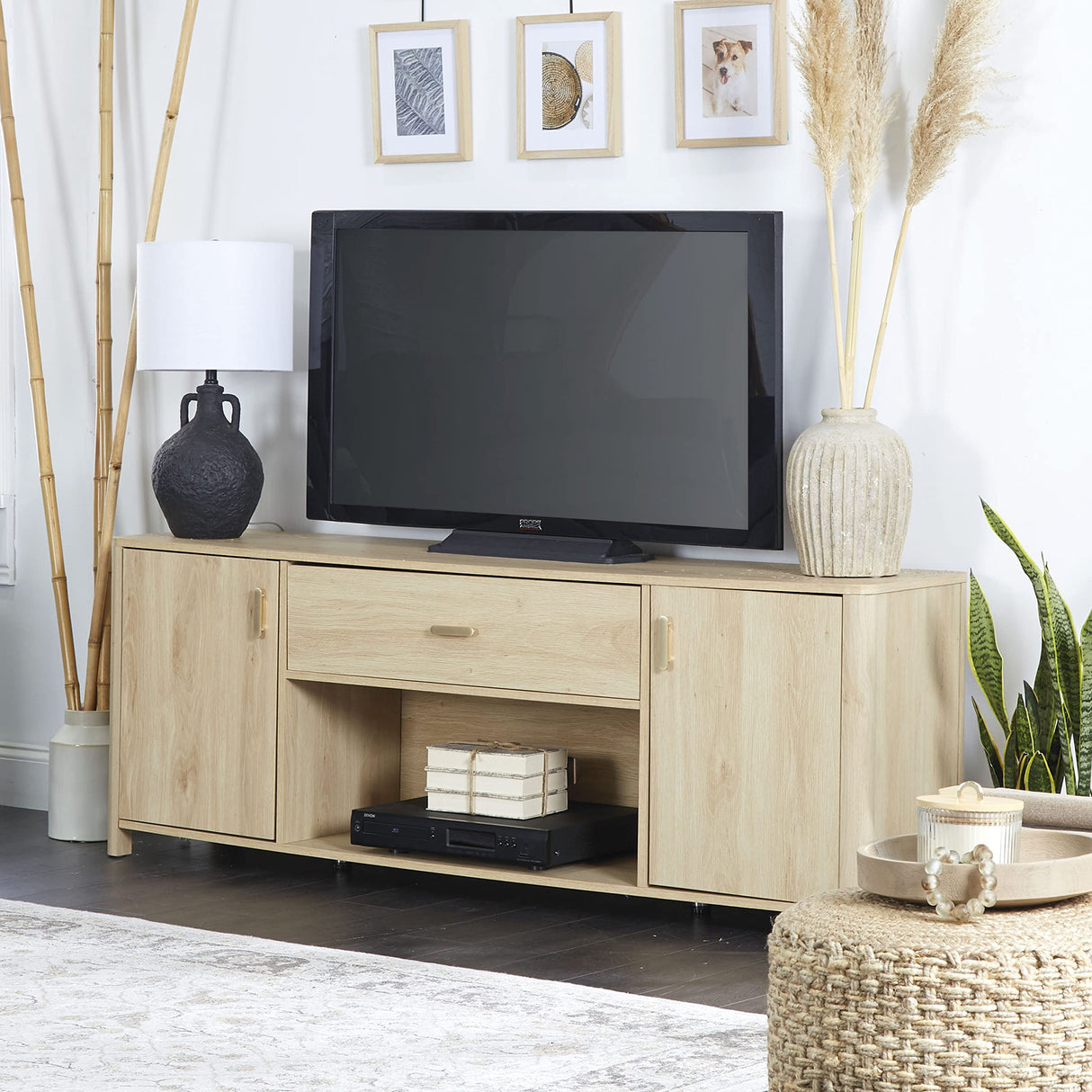 Emerson Storage Media Console Stand for TVs up to 79", 66" x 24", Blondewood