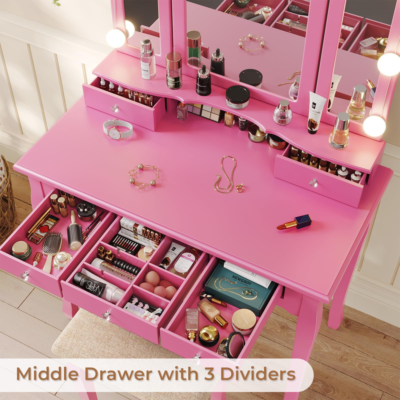 Tri-Fold Mirror and Lights, Makeup Vanity with Wood Upholstered Stool, Vanity Table