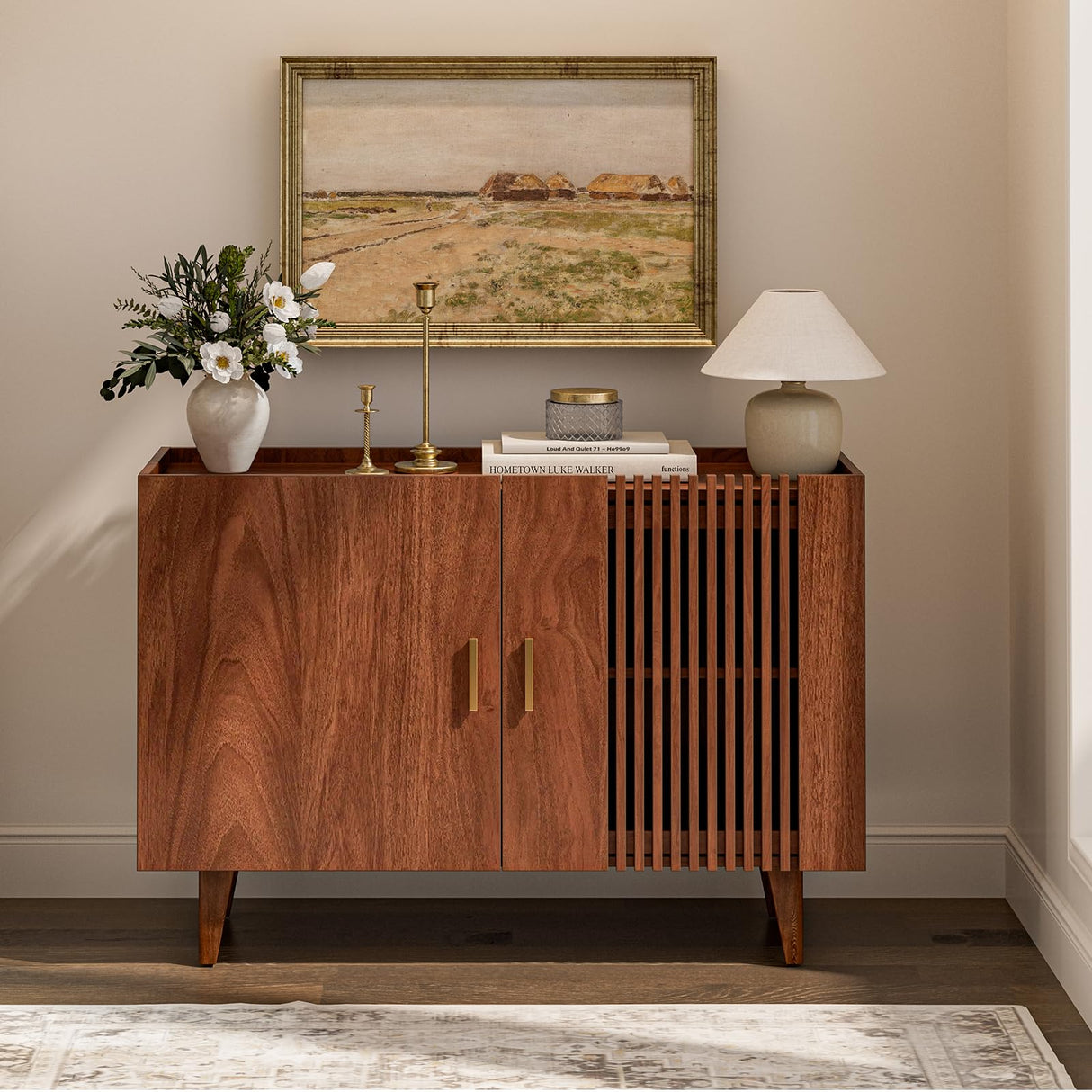 Buffet Storage Cabinet, Sideboard with Slatted Door, Gold Handles and Wood Legs