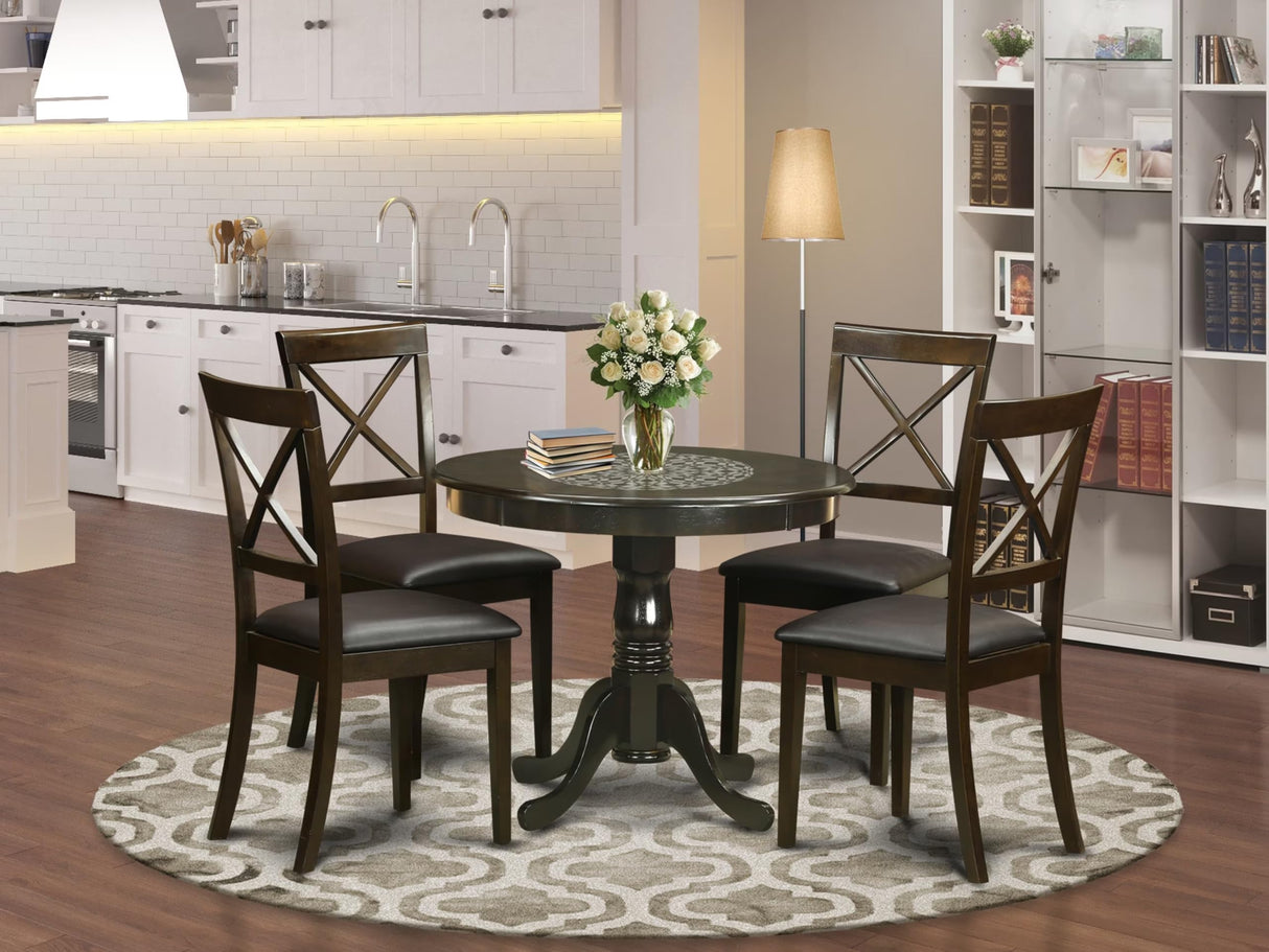 Antique 5 Piece Kitchen Set for 4 Includes a Round Table with Pedestal and 4 Faux Leather