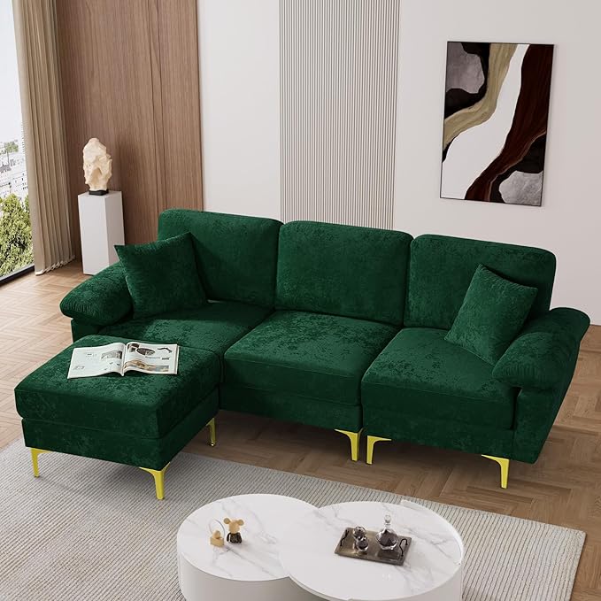 L Shaped Sectional Sofa Couch, 88.5" Comfy Velvet Upholstered 3 Seat Sofa Set