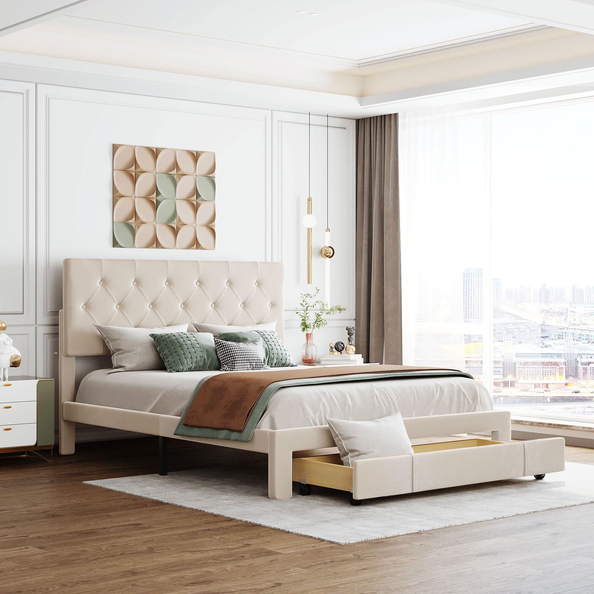 Queen Size Storage Bed Velvet Upholstered Platform Bed