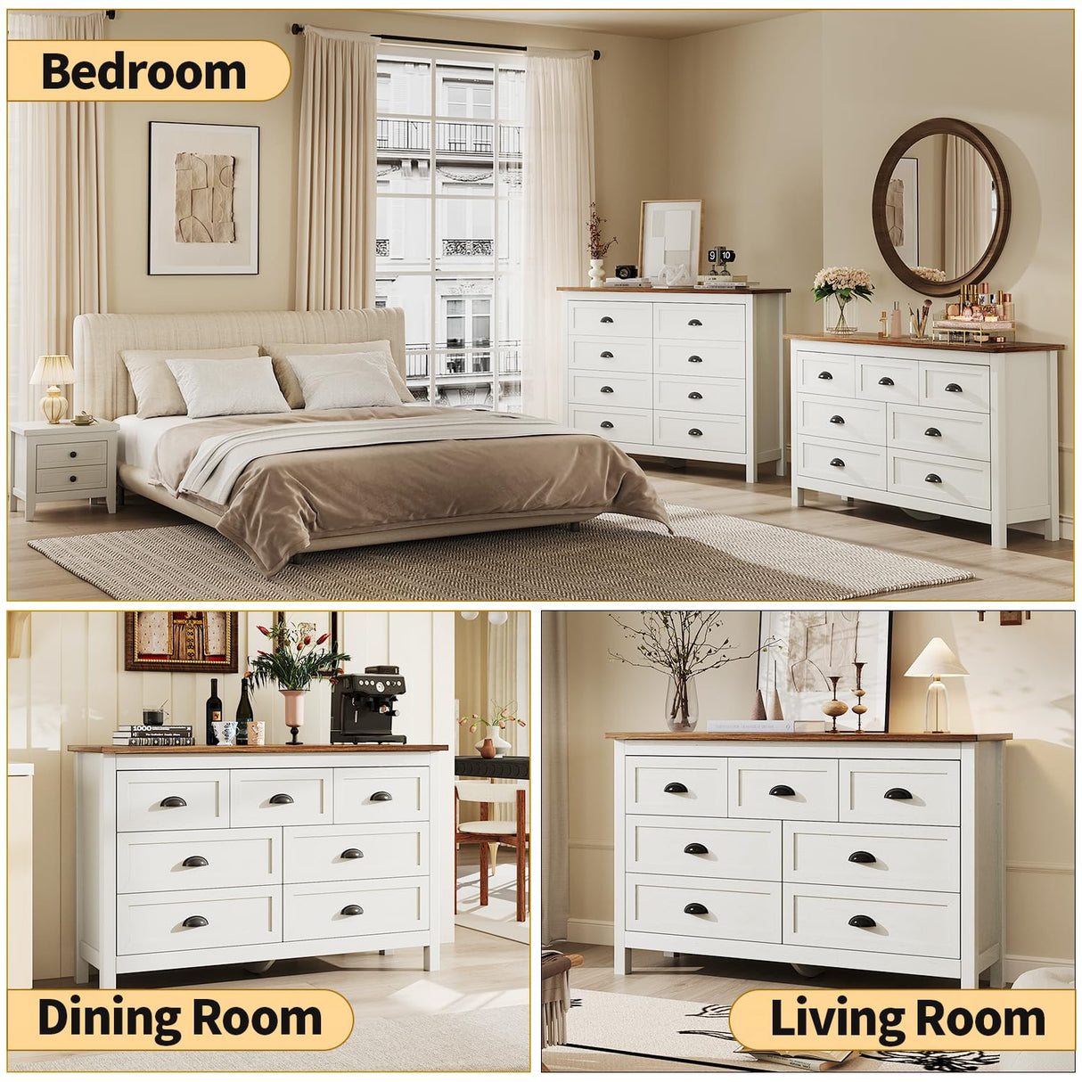 Dresser for Bedroom, Modern White Dresser with 7 Drawers, Wide Chest of Drawers