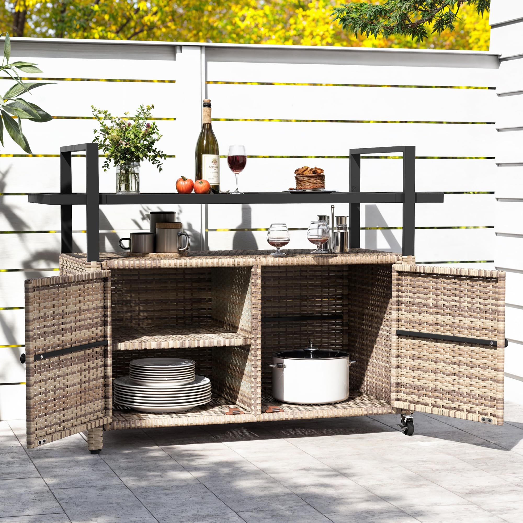 Patio Storage Cabinet,Outdoor Bar Cart with Glass Top,Outdoor Storage Cabinet