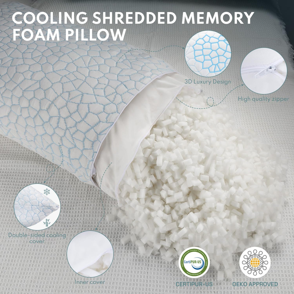 COZSINOOR Adjustable Pillows Queen Size Set of 2 for Sleeping - Cooling Shredded Memory Foam Pillows 2 Pack, Cool Bed Pillows for Back, Side and Stomach Sleepers, Gel Pillow Removable Cover Washable