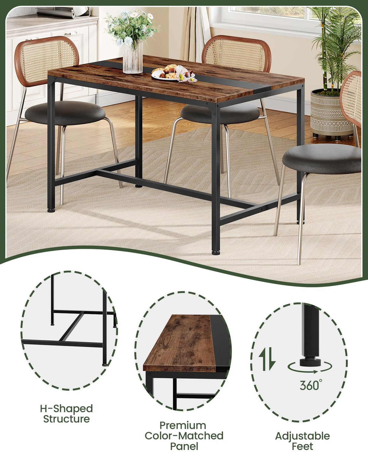 47.2" Rectangle Dining Table for 6 - Rustic Brown & Black