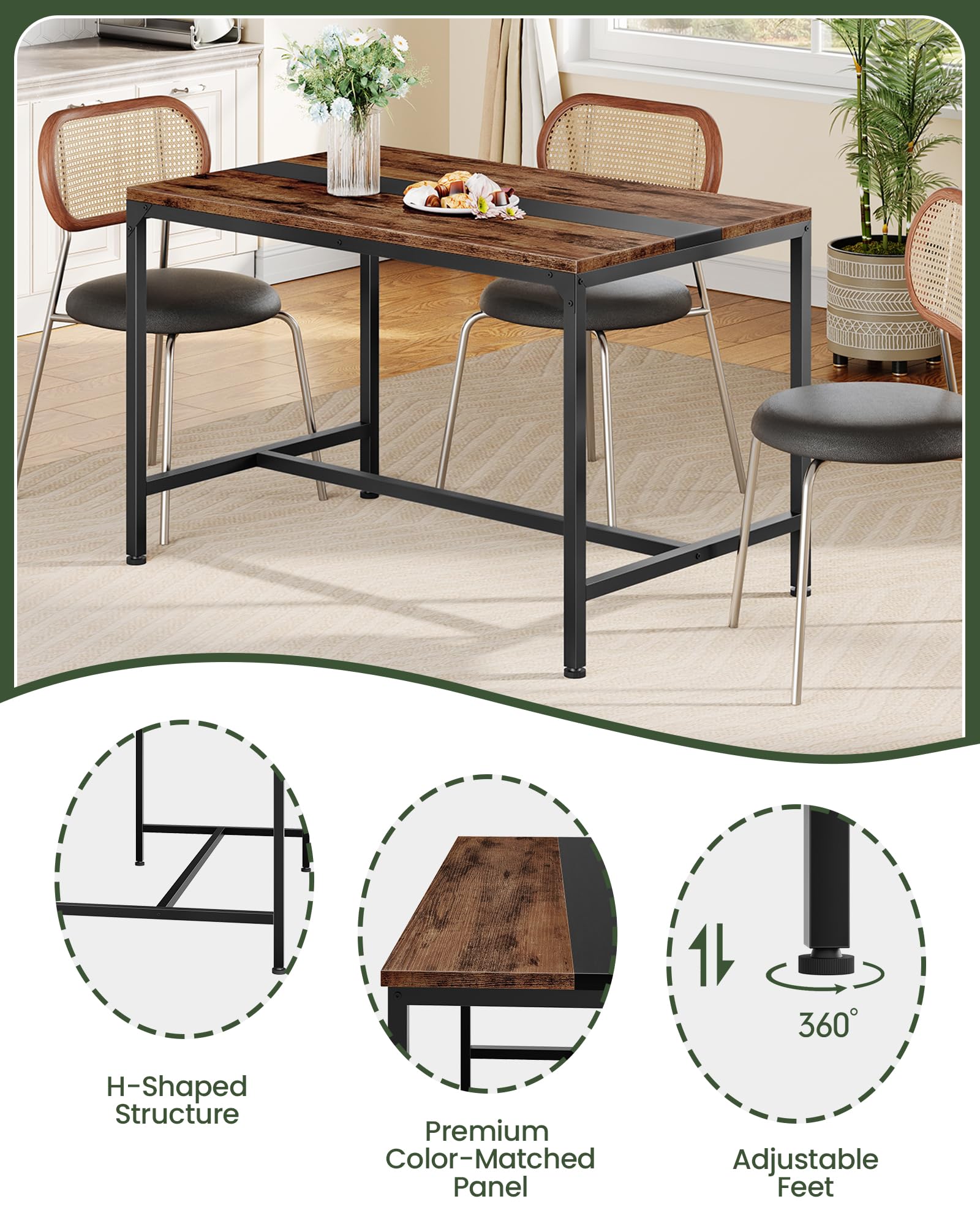 47.2" Rectangle Dining Table for 6 - Rustic Brown & Black