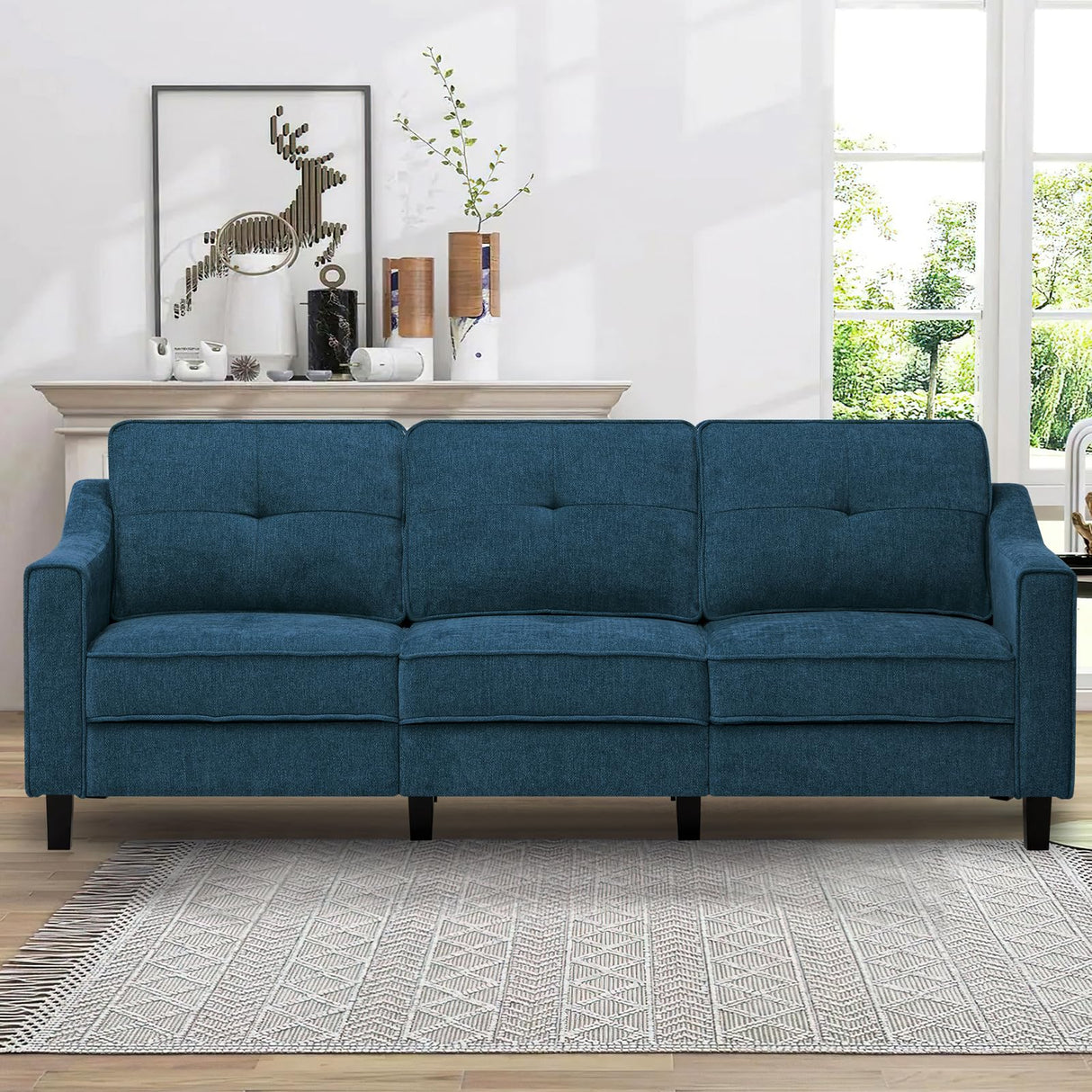 84” Fabric 3-Seaters Sofa with Tufted Backrest, Chenille Modern Sofa with Stable Wooden Legs, Upholstered Couch for Living Room, Apartment, Office, Blue