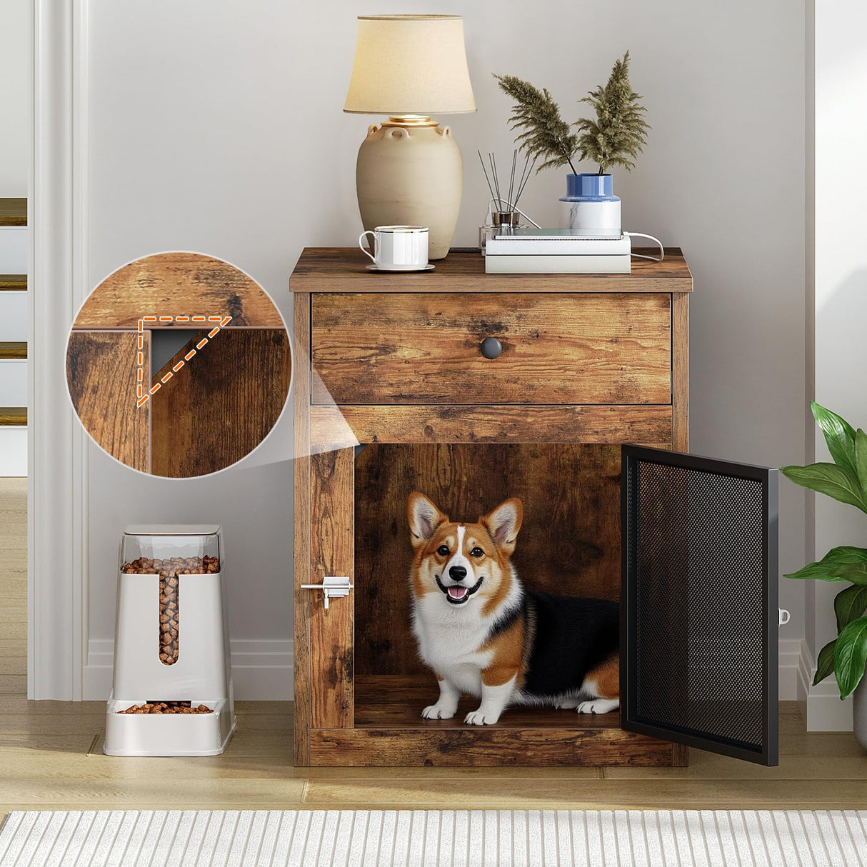 Dog Crate Furniture with Charging Station and Drawer