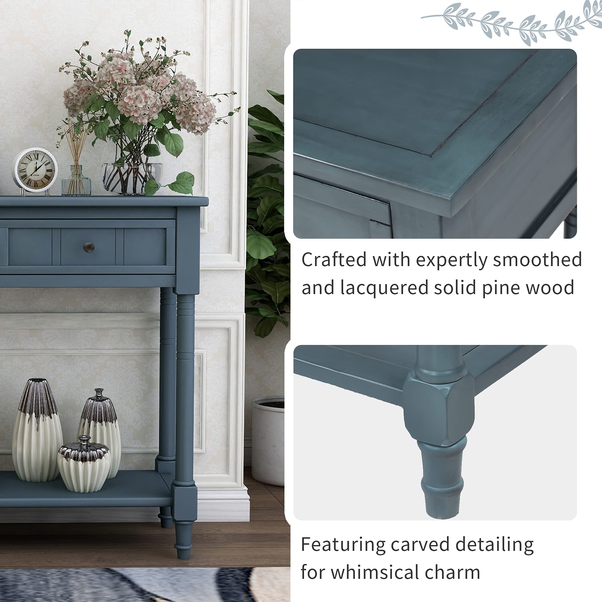 Navy Daisy Series Entryway Table with Storage Drawers and Bottom Shelf, 1 Set
