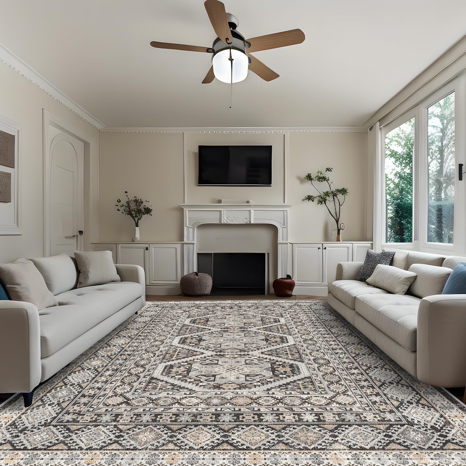 Washable Living Room Area Rug: 9x12 Large Super Soft Vintage Rugs