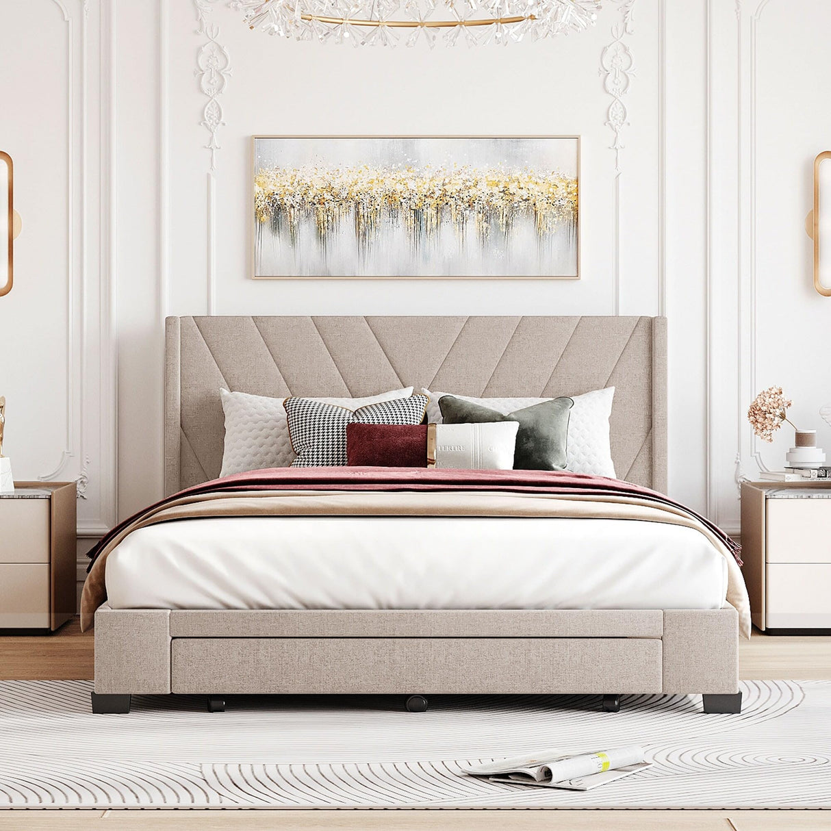 Storage Bed Upholstered Platform Bed with 3 Drawers Beige
