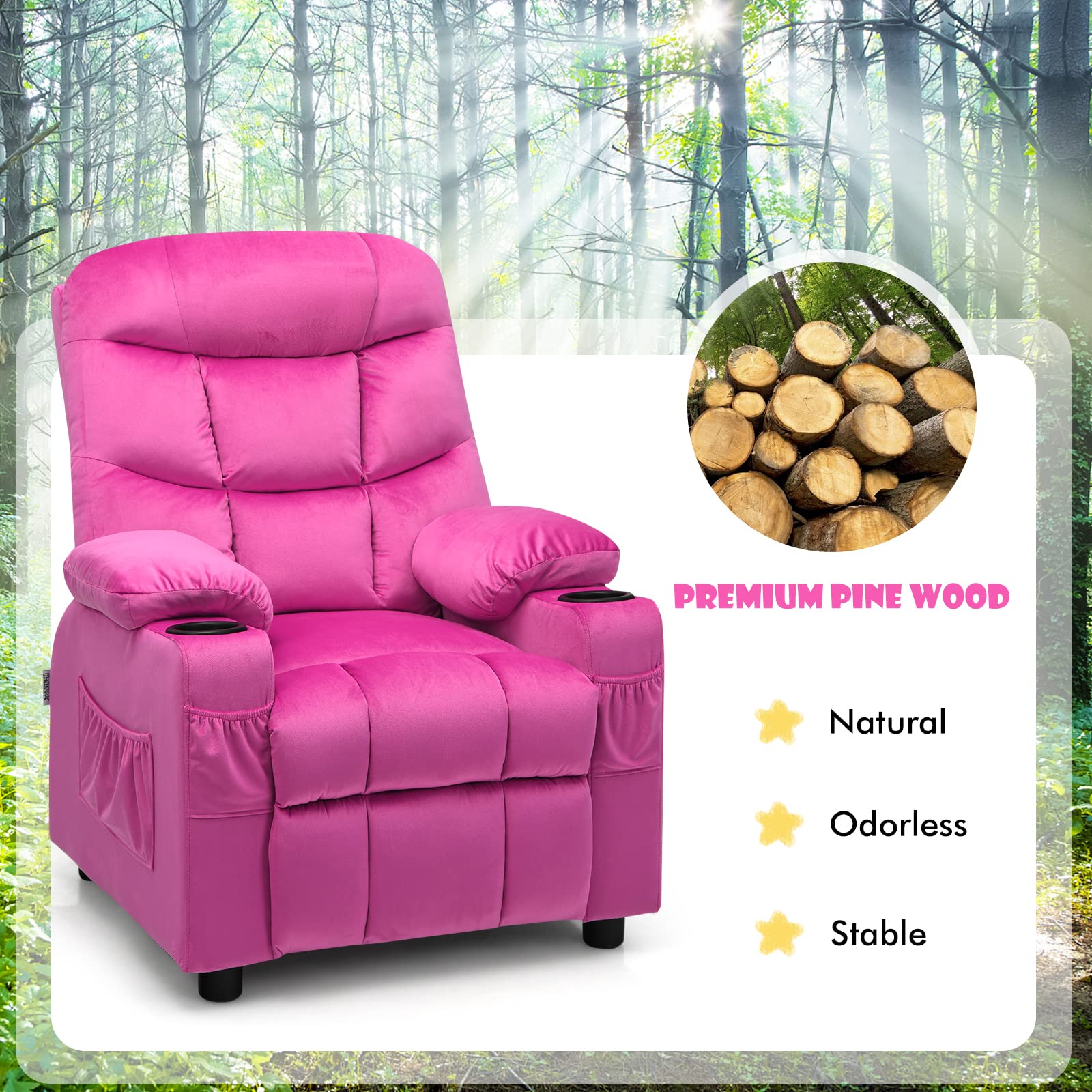 Larger Kids Recliner Chair, Adjustable Lounge Recliner w/ 2 Cup Holders, 1 Side Pocket