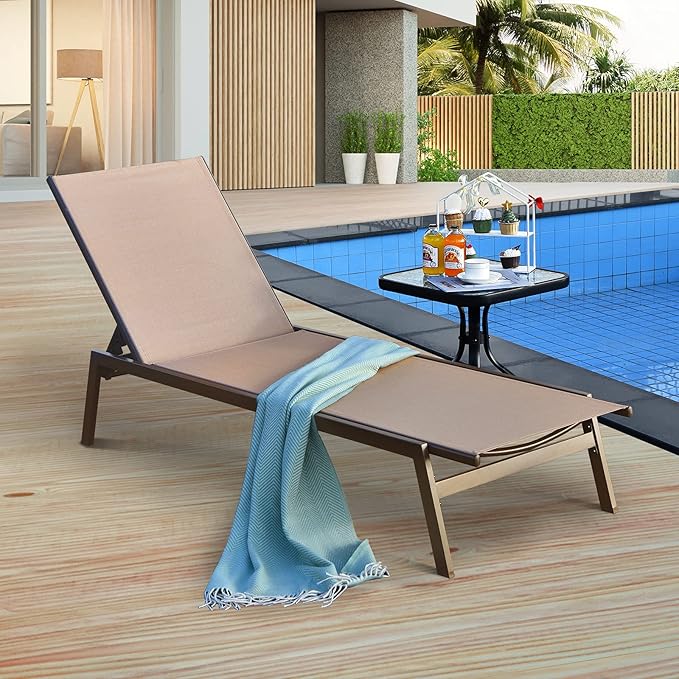 Outdoor Chaise Lounge Chair, 6-Position Adjustable Reclining Chair with Breathable