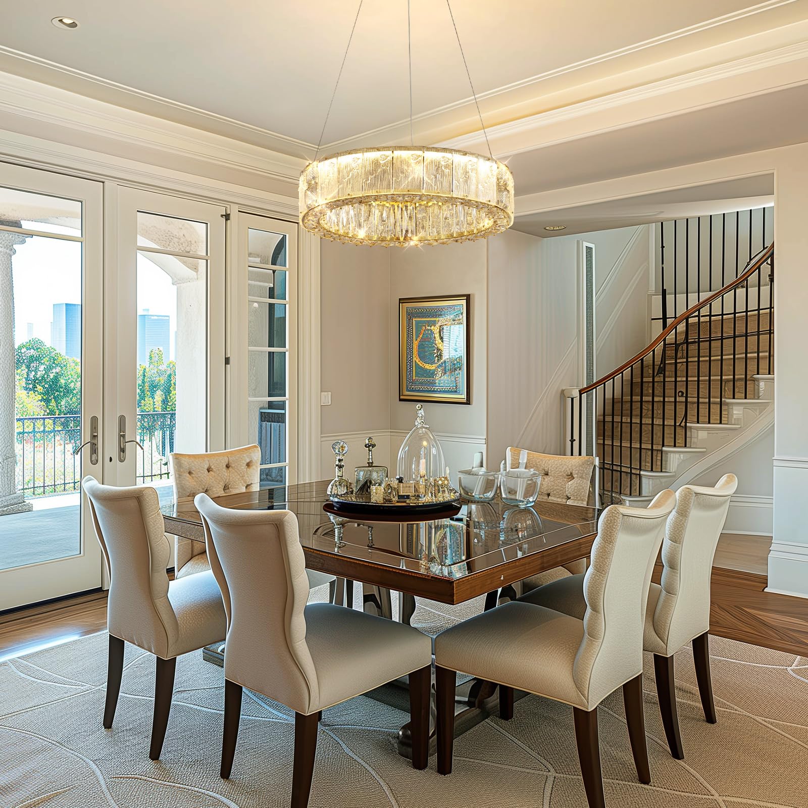20" Gold Crystal Chandelier,Dimmable LED Ring Light for Dining Room, Bedroom