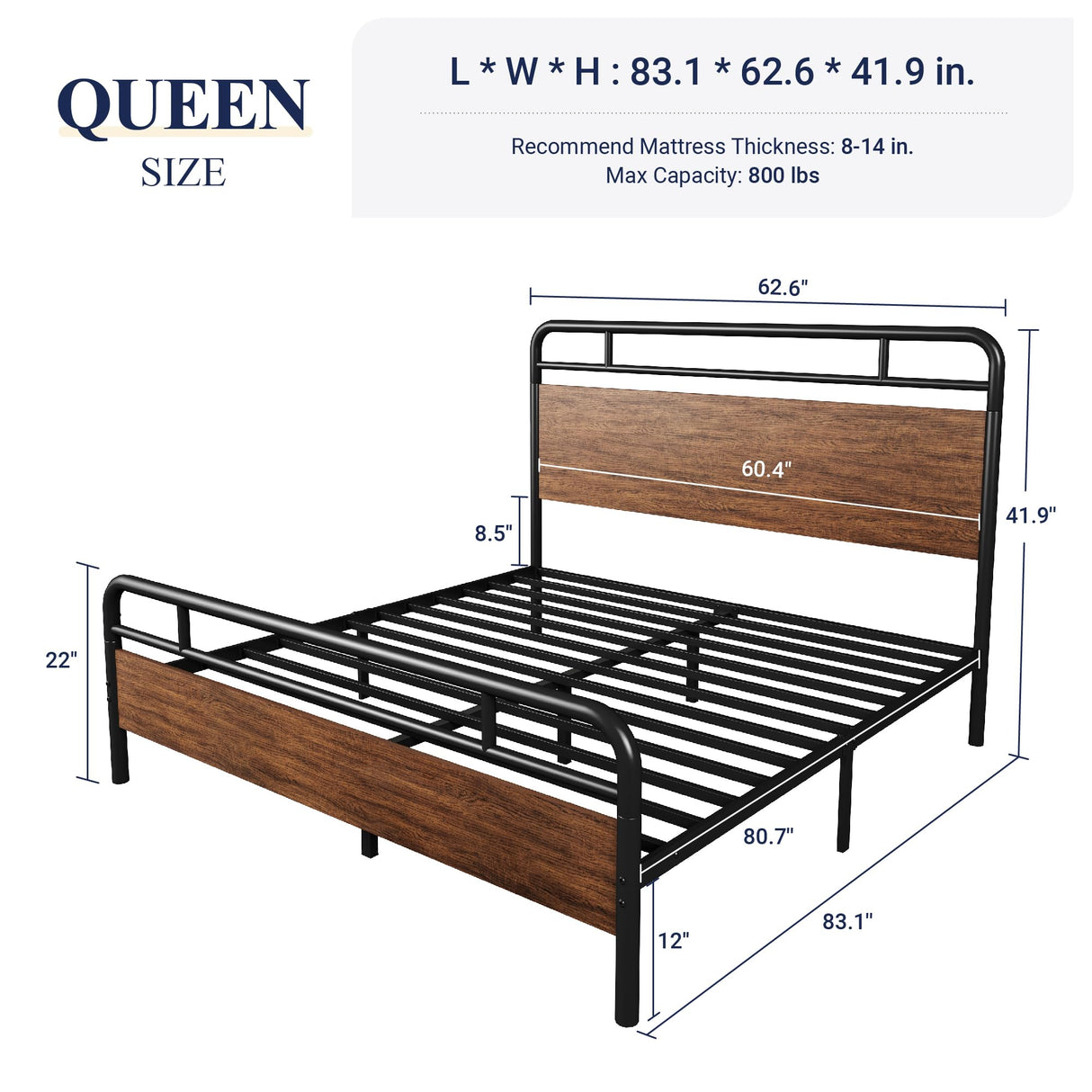 Queen Size Platform Bed Frame with Wooden Headboard and Footboard,