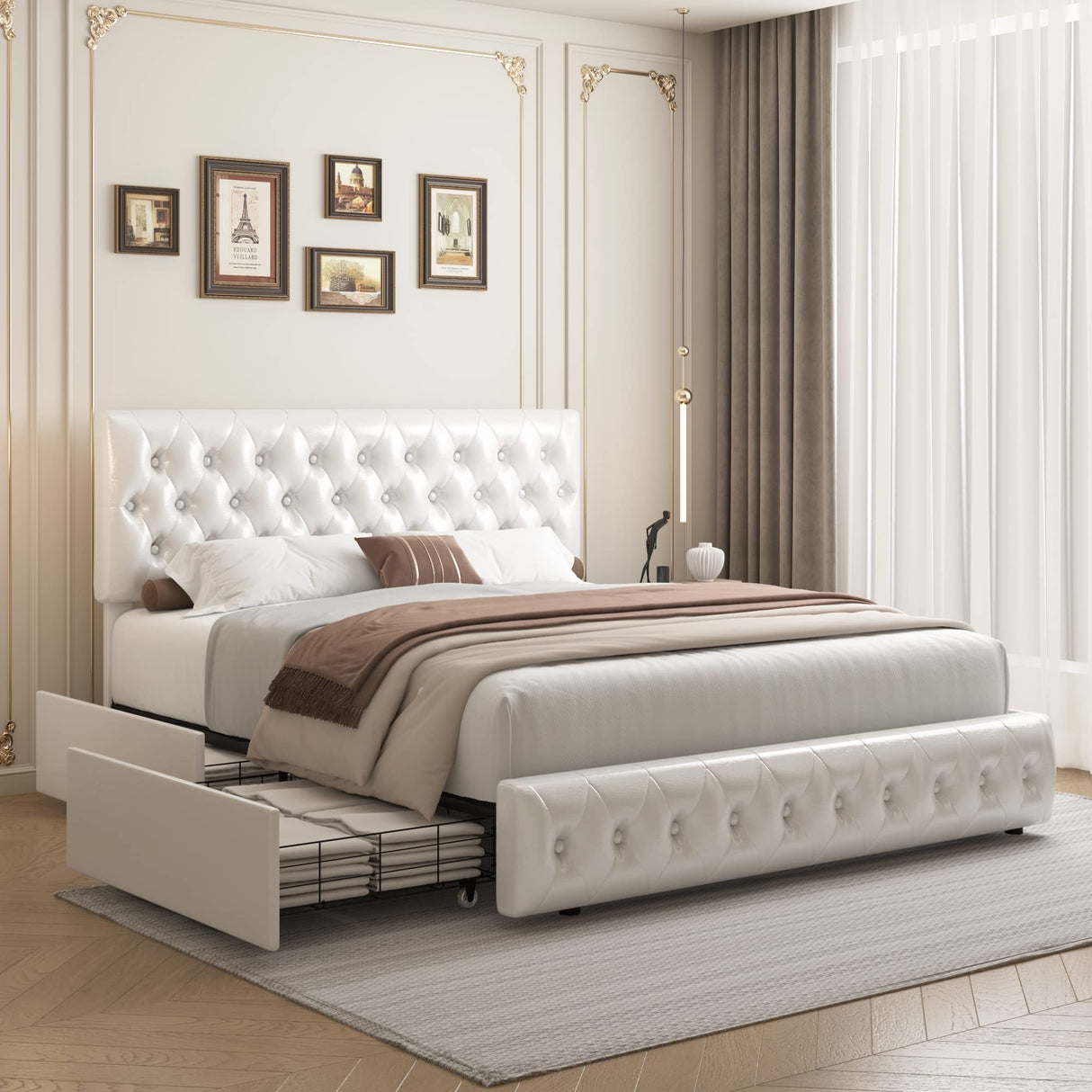 Queen Bed Frame with Storage and Adjustable Headboard, Bed Frame with 4 Drawers