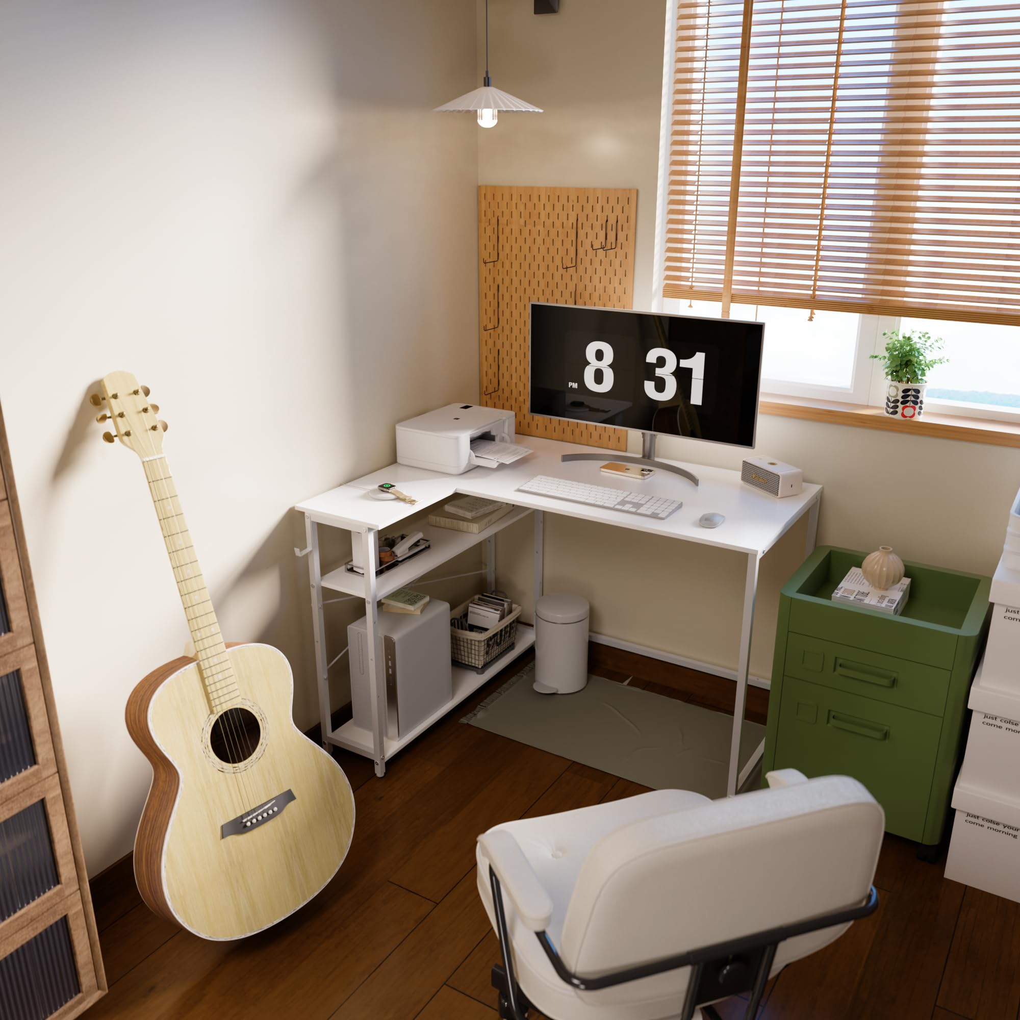3 Inch L Shaped Computer Desk with Reversible Side Storage Shelves, Small Corner Desk for Small Space Home Office,Writing Study Table PC Desk for Bedroom,White