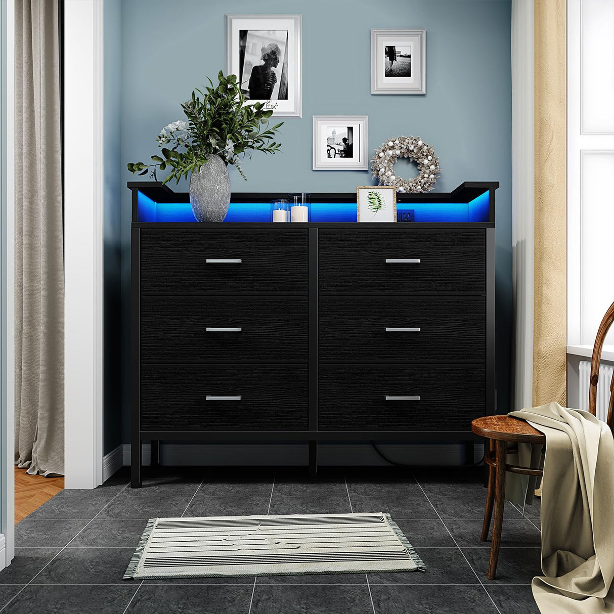 Black Dresser with LED Light for Bedroom 6 Drawer Dresser with Charging