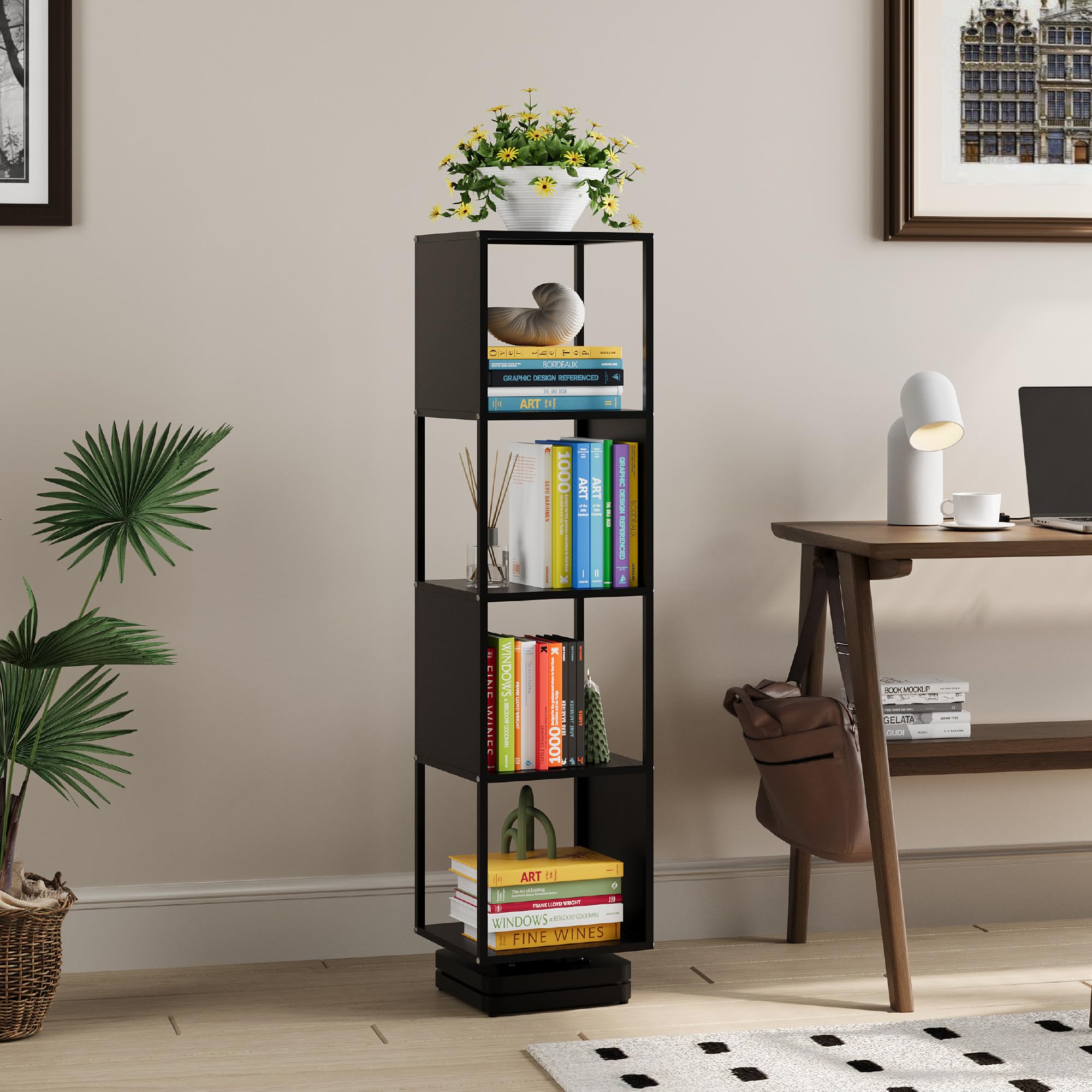 Rotating Bookshelf, 4 Tier Metal Spinning Book Shelf Tower, 360° Display Standing Bookcase for Small Space, Creative Cubic Corner Book Storage Organizer for Bedroom Living Room Office, Black
