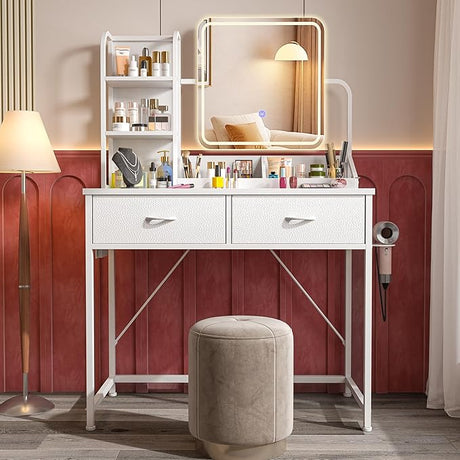 White Vanity Desk with Mirror and Lights, Small Makeup Vanity Desk with Fabric Drawers & Power Outle